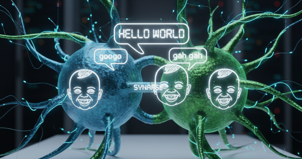 generate an image of a RAG AI robot in shape of two metallic blue and green neurons attached by an umbilical snapsyes