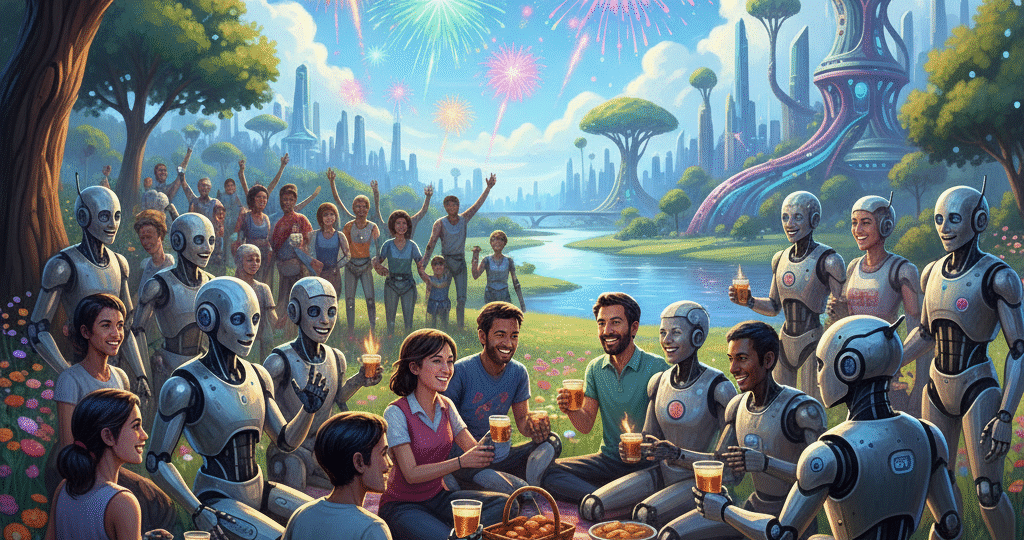 Luddites and robots of no animosity in a future scape where joy and space war light the skies