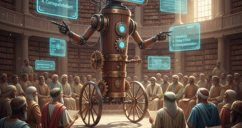 pagerank robot addressing ancient philosophers in a hall of great learning