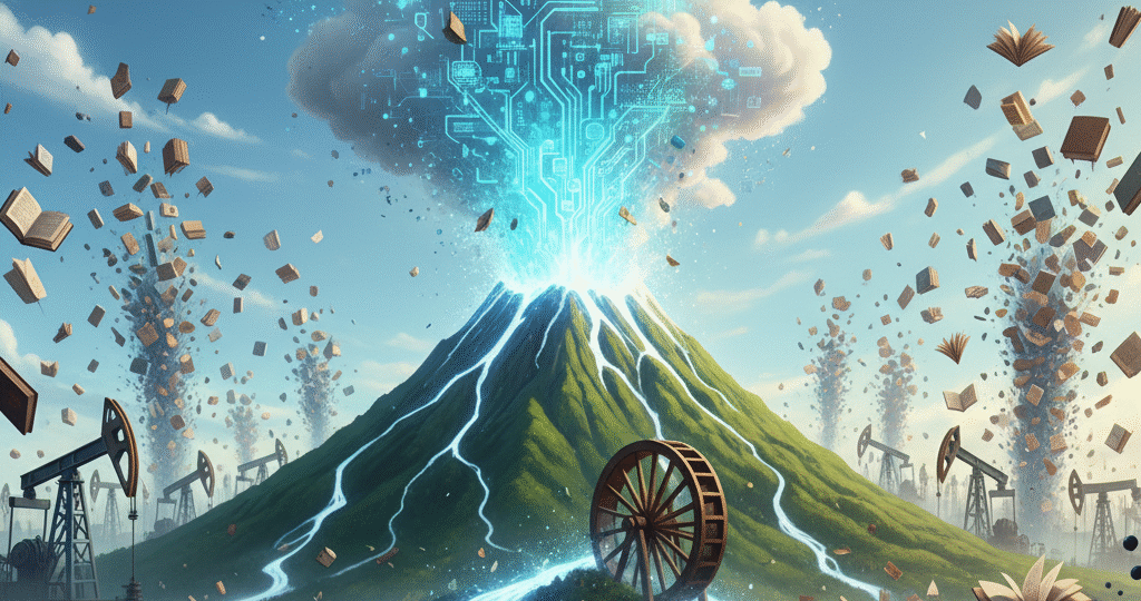 Books Waterwheel rolling up volcanic mountain of white lava with living Neural Network digital cloud circuits
